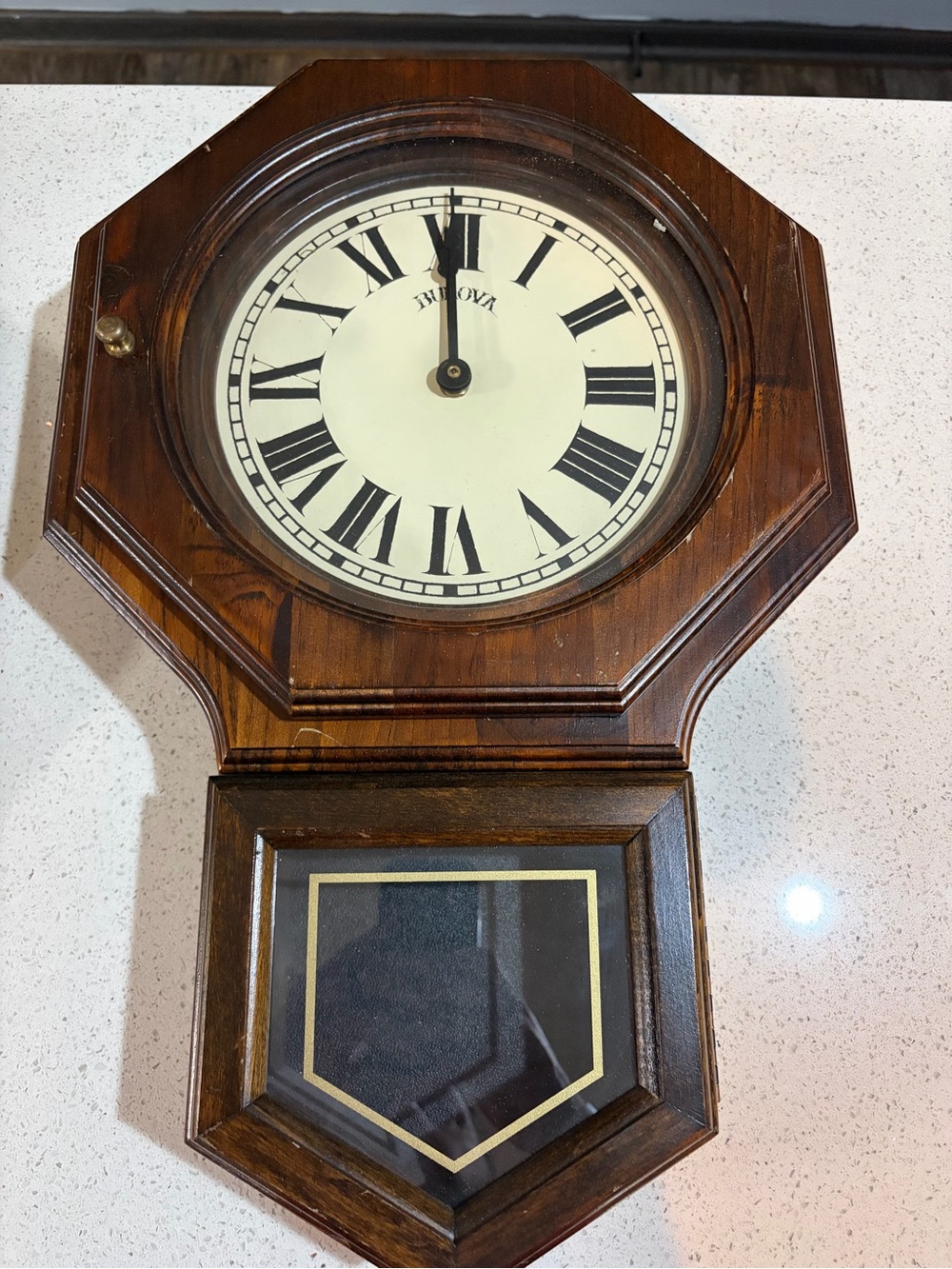 Bulova Wood Wall Clock in Dark Brown and Cream with Roman Numerals